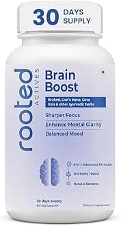 – Rooted Actives Brain Boost supplement for Focus, Memory, Brain wellness | 60 Veg Caps of 500 mg each. Lions Mane mushroom with brain boosting herbs