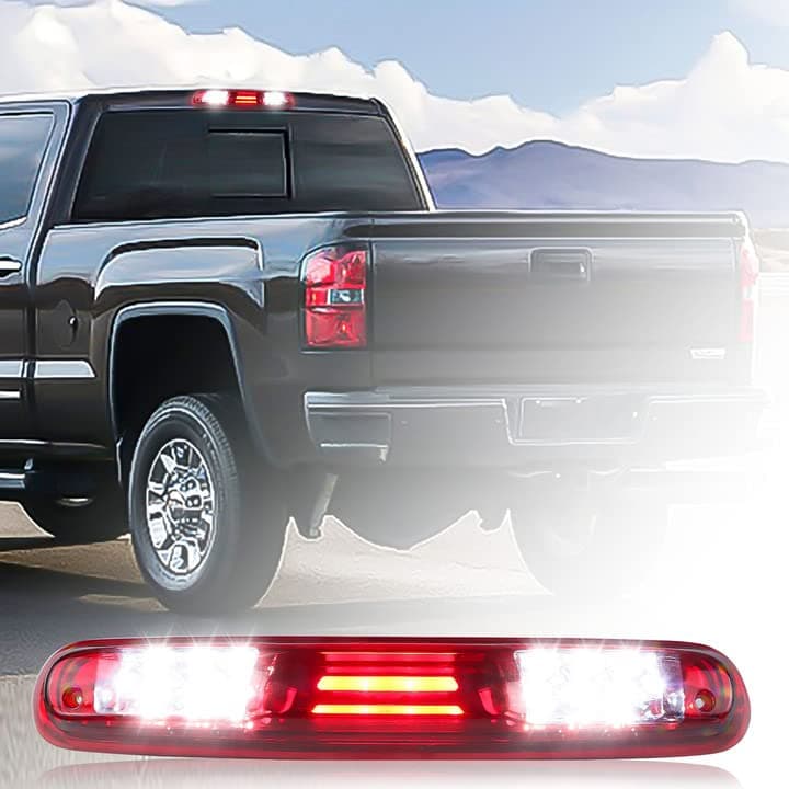 Replacement for 2007-2013 Chevy Silverado / GMC Sierra 1500 2500 3500 HD Rear Roof Center LED Third 3rd Brake Cargo Light Assembly High Mount Brake Tail Light (Chrome Housing Red Lens)