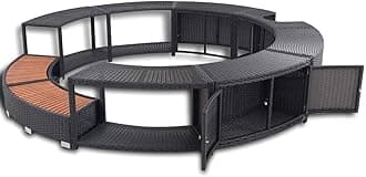Black Poly Rattan Spa Surround Frame, Outdoor Massage Hot Tub Frame with Solid Acacia Wood Steps and Stoarge Compartment for Outdoor, Garden, Backyard, Patio 111.4"x111.4"x21.7"(A) -35