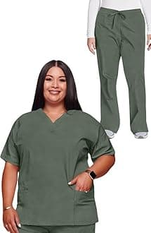 Cherokee Scrub set for women Traditional Fit Dolman Sleeve, V-neck Top 4700 Natural Rise Flare Leg Drawstring Pant 4101