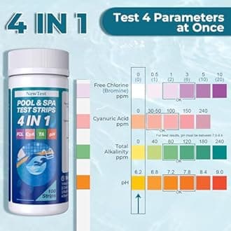 Hot Tub Test Strips: 4 Way Swimming Pool Test Strips for Free Chlorine Bromine & Total Alkalinity & Cyanuric Acid & pH Testing - 100 Quick Accurate Results Spa & Pool Water Test Kit