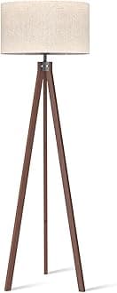LEPOWER Wood Tripod Floor Lamp, Mid Century Standing Lamp, Modern Design Studying Light for Living Room, Bedroom, Study Room and Office, Flaxen Lamp Shade with E26 Base Dark Brown