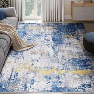 Washable Area Rugs 5'x7' Non-Slip Modern Abstract Soft for Living Room Entryway Bedroom Nursery, Print Pattern, Grey Blue Gold/Golden