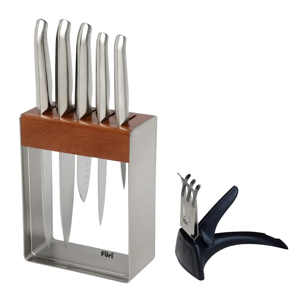 Pro Stainless Steel Knife Block Set 7 pc, Block with Five Premium Knives and Sharpener for a Superior Cutting Performance, Stainless Steel Blades, Ergonomic Reverse-Wedge, Anti-Fatigue Handle