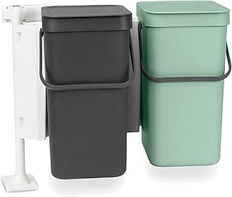 Brabantia Sort & Go Built-in Cupboard Recycling Cans (2 x 3.2 Gal/Dark Gray & Jade Green) Double Door Mounted Trash Organisers with Handles & Removable Lids