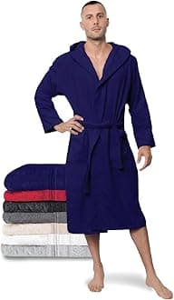 Men's Bathrobe, Dressing Gown 100% Cotton (350 g/m²) Oeko-Tex® Certified, Bathrobe with Hood, 2 Pockets, Belt