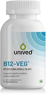 Unived Vitamin B12 Veg, 14mcg Methylcobalamin (98%), with 300mcg Methyltetrahydrofolate (5-MTHF), Brain Cells & Nerve Tissue Support, 60 servings, 60 Vegan Capsules