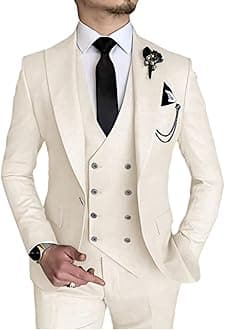 Wangyue 3 Piece Suit Slim Fit Men Suits Double Breasted Wedding Party One Button Blazer Jacket Vest Pants Sets Beige