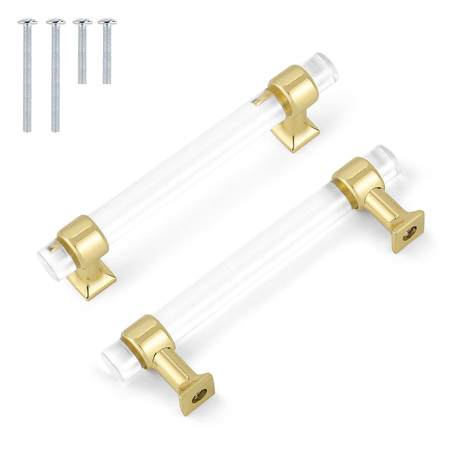 15 Pack Clear Acrylic Cabinet Handles,Polished Brass Pulls for Kitchen Cabinets,4 inch Hole(102mm) Centers Crystal Pulls,Gold Bathroom Furniture Pulls