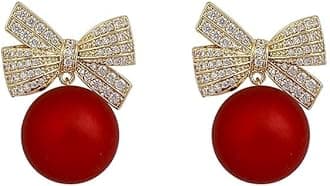 HUGE TOMATO Red Pearl Drop Earrings, Elegant Christmas Earring for Women, 14K Gold Plated Bowknot Clasp, Pearl Dangle Earrings for Gift