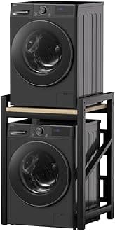 Over The Washer and Dryer Storage Shelf, Height Adjustable Machine Stacking Rack, Space Saver Metal Frames (Black)