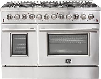 FORNO Galiano Dual Fuel 48" Inch. Freestanding Range 8 Sealed Brass Burners Cooktop - 6.58 Cu. Ft. Double Convection Electric Oven - Stainless Steel Stove Range Heavy Duty Cast Iron Grates