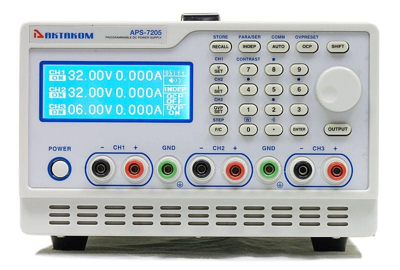APS-7205 DC Power Supply 158W 32V / 5A 3 Channels Programmable, Low Ripple and Noise,Quick Response Time and High Stability.