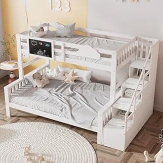 Merax Bunk Beds for Kids, Toddler Bed Frames with Stairs, Cabin Bed Bedside with Small Blackboard and Cloud Element Design, Multiple Storage Compartments, Solid Pine Wood, 90X190cm+135x190cm, White