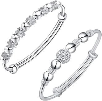 Sterling Silver Bracelets For Women 925 Sterling Silver Beads Bangle Bracelet Transfer Lucky Cuff Bracelet Adjustable Fashion Women Jewelry Girls Fidget Bracelet For Anxiety Jewelry Friendship Gift