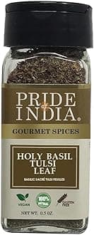 Pride of India – Sweet Holy Basil Leaf – Indian Tulsi Leaf Cut & Sifted – Gourmet Herb – Rich in Nutrients – Ocimum sanctum – GMO Free – Easy to Use – 0.4 oz. Small Dual Sifter Bottle