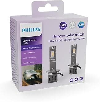 PHILIPS WeatherVision LED car headlight bulb (H1), ultra-compact direct-fit, Halogen color match, easy install, LED performance, 3500K, set of 2, White
