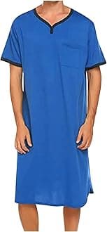 Generic Nightgown for Men Short Sleeve V Neck Nightshirt Loose Fit Solid Color Sleep Shirts Comfy Soft Lightweight Nightwear 2024 Blue, X-Large