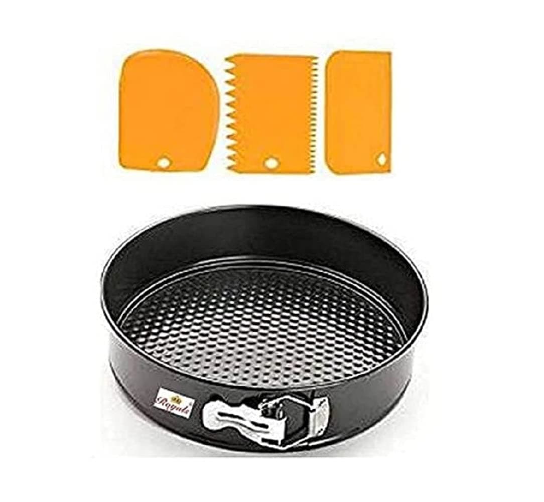 Xacton Cake Baking and Decorating 2 in 1 Combo of Teflon Non-Stick Round Cake Mould with 3 Pcs Scraper for Cake Decoration | Baking Combo | Cake Making Supplies | Kitchen Tool Set