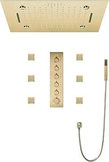 Brushed Gold Thermostatic Remote Controlled Waterfall Mist Rainfall Led Shower System With Body Jets And Hand Shower (Style 1- Touch Panel Light)