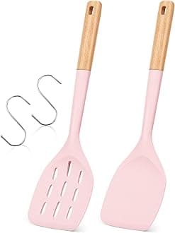Badiano Pack of 2 Silicone Spatula, Non Stick Cooking Utensil Set Stainless Steel Handle Kitchen Turner for Baking Mixing Grilling Serving Food Heat Resistant Non Scratch Hooks Included (Pink)