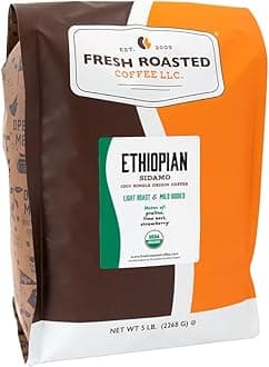 Fresh Roasted Coffee, Organic Ethiopian Sidamo | USDA Organic, 100% Single Origin, Kosher | Light Roast 5 lb (80 oz) Whole Bean
