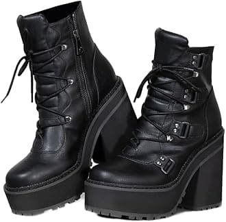 AMINUGAL Black Platform Combat Boots for Women - Round Toe Punk Goth Motorcycle Riding Wedges Block Heel Booties - Lace Up Ankle Boots Dressy Comfy Size 9.5