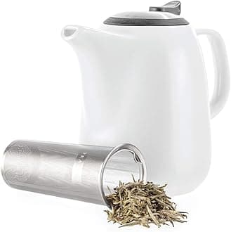 TealyraDaze Ceramic Large Teapot White - 47-ounce (6-7 cups) - With Stainless Steel Lid Extra-Fine Infuser for Loose Leaf Tea - 1400ml