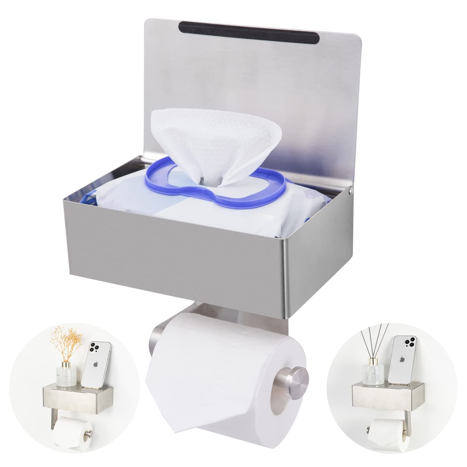 Adhesive Toilet Paper Holder with Shelf and Storage, Wall Mount Toilet Paper Roll Holder & Flushable Wipes Dispenser Set Fits Any Bathroom, Stainless Steel Tissue Holder-Round, Brushed Nickel