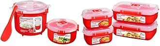 Microwave Rice Cooker and Steamer Bowl for Vegetables with Steam Release Vent, Dishwasher Safe, Red & Microwave Food Storage Containers with Steam Release Vent, Dishwasher Safe, Red