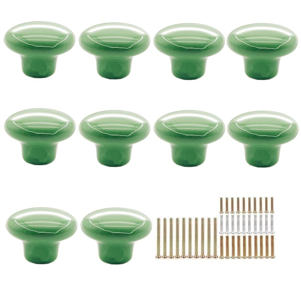 10pcs Vintage Ceramic Door Knobs Round Shape Drawer Cupboard Locker Pulls Handles Wardrobe Drawer Cabinet Home Kitchen Hardware (Green)