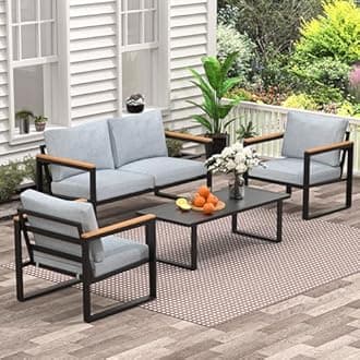 Patio Furniture Set, 4 Pieces Outdoor Patio Furniture with Table Set, Metal Patio Conversation Sets with Washable and High-Resiliency Sponge Cushions, Light Grey