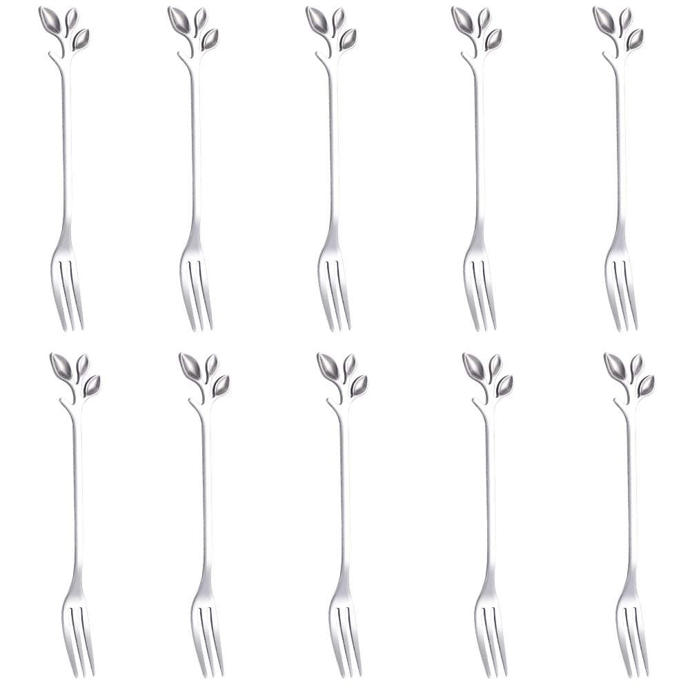 10 Pcs Stainless Steel Silver Leaf Creative Appetizer Cake Fruit Forks Set 4.7 Inches Tasting Dessert Forks Kitchen Accessory Wedding Party (Silver-10Forks)