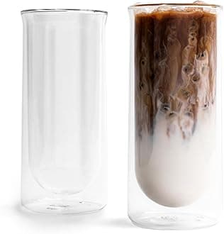 FLUR Iced Coffee Glasses (Set of 2) Perfect for Iced Coffee, Cold Brew & Lattes – Double-Walled Borosilicate Glass – For Hot & Cold Drinks – Lightweight & Easy to Clean – 15.5oz (Clear)