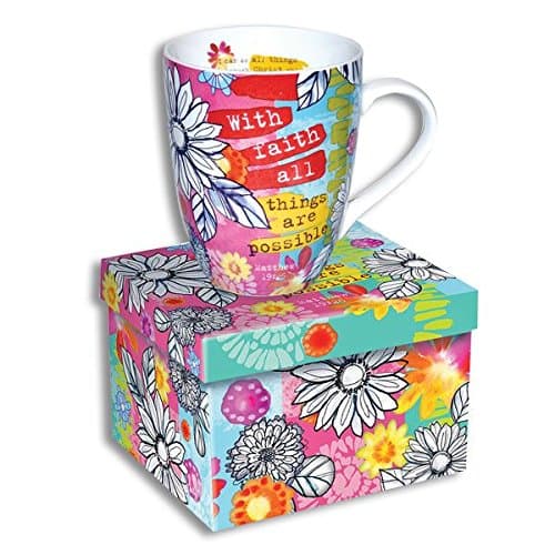 Beautiful Ceramic Coffee Cup - MUG with SCRIPTURE - With FAITH All Things are Possible - COLORFUL Matching GIFT BOX - LATTE Tea Inspirational RELIGIOUS Christmas Gift PSALMS Bible LOVE Joy FAITH