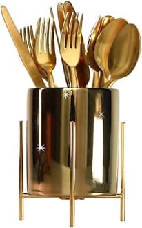 Ceramic Cutlery Holder, Spoon Holder with Metal Frame, Gold Kitchen Utensil Holder, Suitable for Home, Kitchen Countertop, Party, Dinner and Restaurant