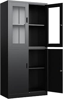 Metal Storage Cabinet with Glass Doors - 71" Locking Display Cabinet with 2 Adjustable Shelves for Kitchen, Living Room,Dining Room (Black)