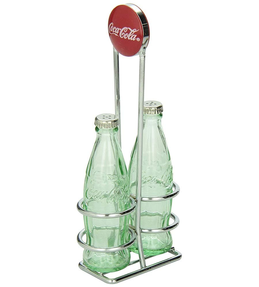 Coca-Cola Salt and Pepper Shaker Set with Chrome Plated Metal Rack, Coca-Cola Salt and Pepper Shaker Set