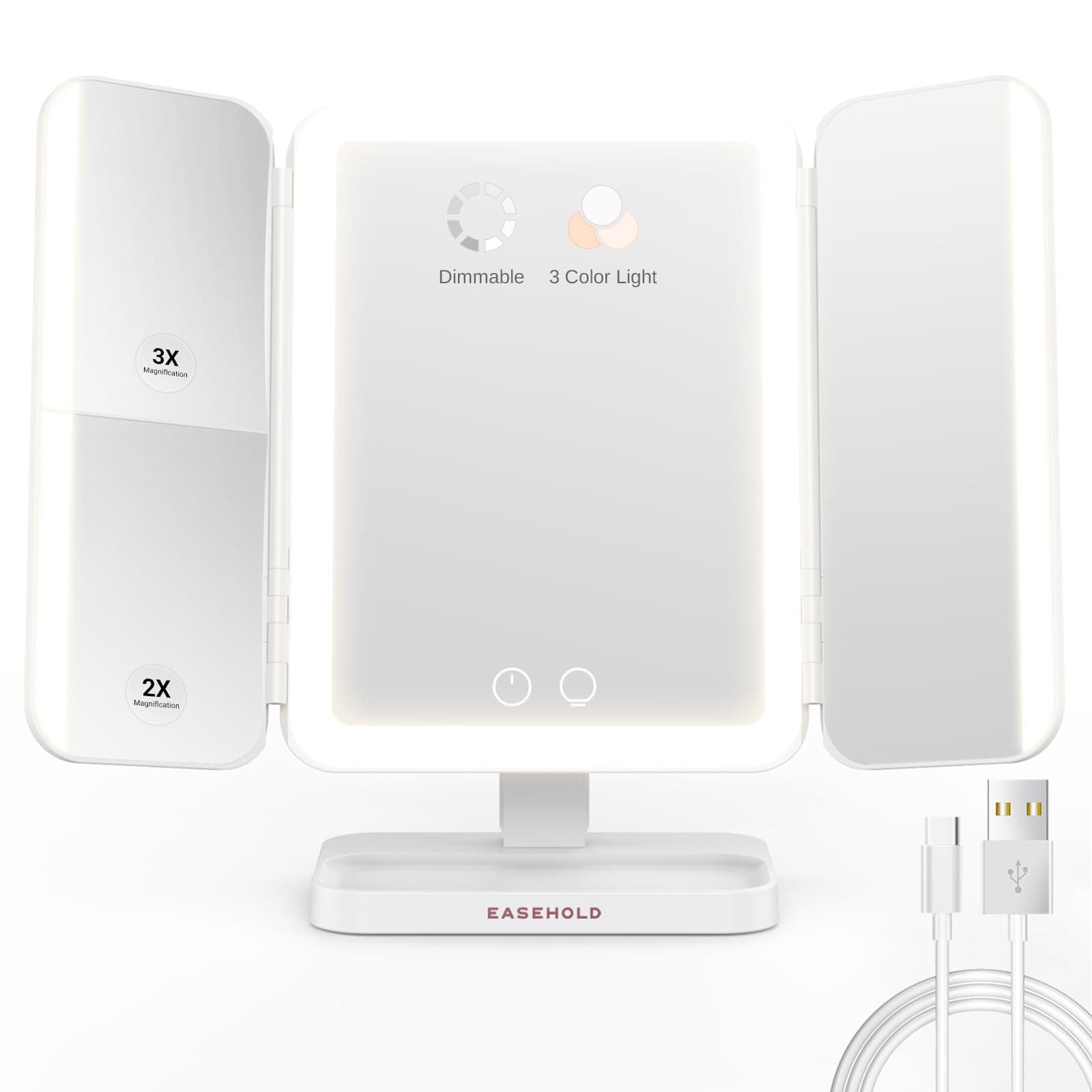 EASEHOLD Makeup Mirror with Lights, Rechargable Lighted Vanity Mirror with 116 LEDs, 1X/2X/3X Magnifying, 3-Color Mirror with LED Lights,5000 mAh Lighted Makeup Mirror, Adjustable Brightness/Angle