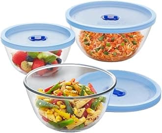 Borosil Select Serving & Mixing Bowl with Blue Lid | 3 pc (500ml + 900ml + 1.3L) | Borosilicate Glass Bowl for Kitchen & Dinning | Bowl for Mixing Dough, Salad, Batter | Microwave & Dishwasher Safe