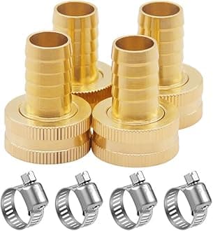 Hooshing 4PCS 3/4" Barb x 3/4" Female GHT Thread Soild Brass Garden Hose Repair Kit Female Hose End Mender Water Hose Connector with Stainless Clamp