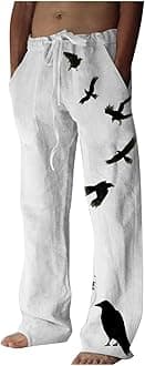 Men's Ethnic Style Printed Sweatpants Linen Vintage Elastic Waist Lace up Casual Pants Loose Fit Hippie Boho Trousers