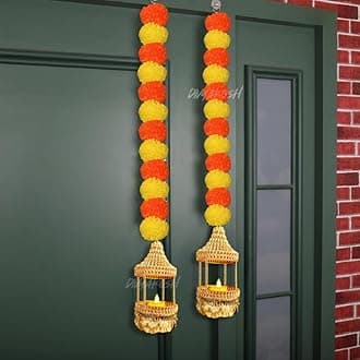 Divyakosh Brass Hanging Candle Holder Lantern,Set of 2 with LED Lights,Size,30 Inch(2.5 FT),Hanging Lanterns for Home Decor,Lantern-Lights for Decoration,Pooja Decoration Items for Home,Multicolour