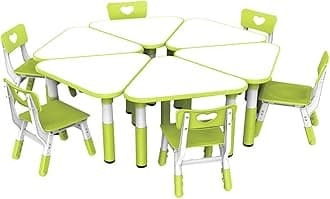 Kids Adjustable Height Tables and Chairs for Toddlers Triangle Plastic 6 Table and 6 Chairs Set Kindergarte Daycare Dining Table Game Chair