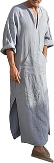 Kaftan Thobe Mens Short Sleeve V-Neck Linen Robe Big and Tall Muslim Robe Casual Loose Lightweight Long Sleeping Gown
