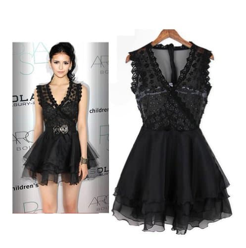 Lovely Black V-neck Solid Chiffon Above Knee Sleeveless Ball Gown Dress