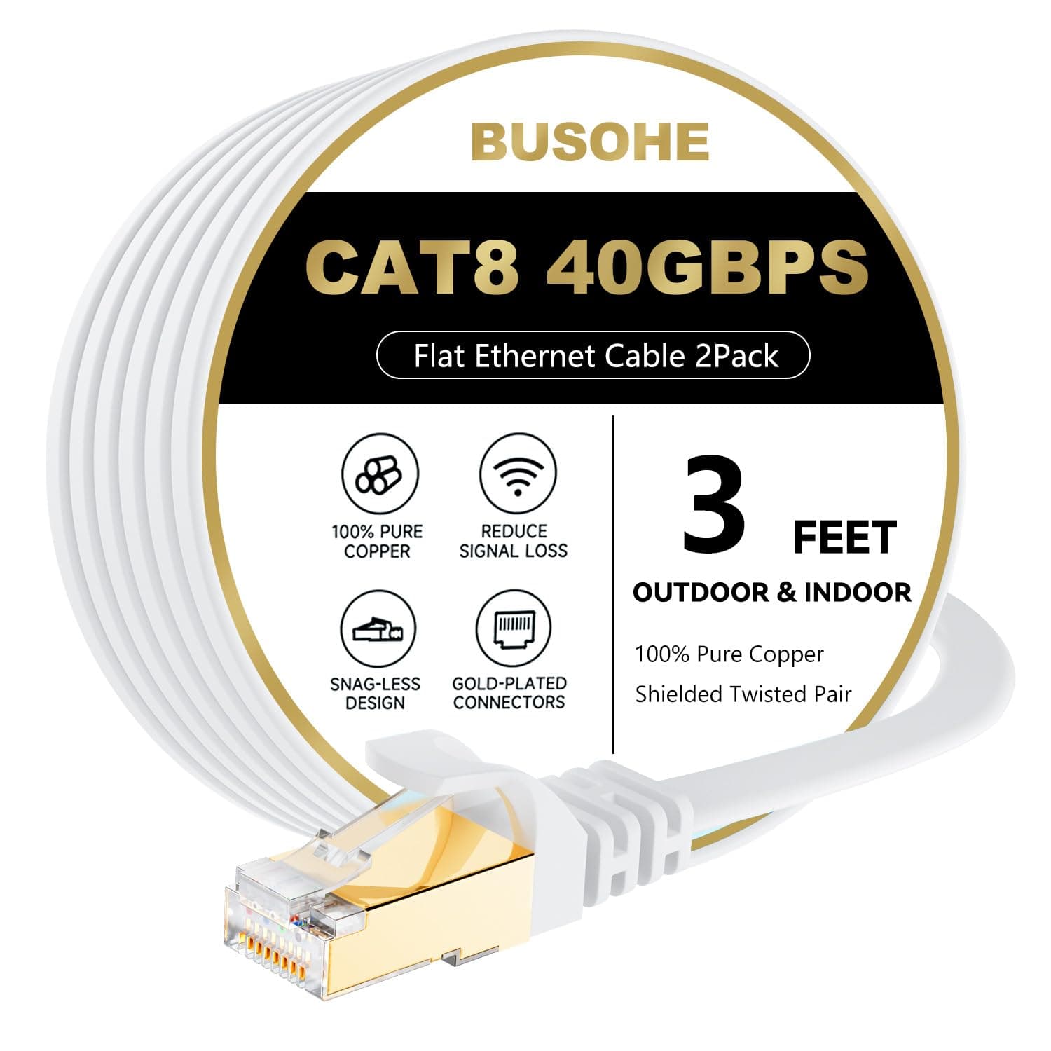 BUSOHE Cat 8 Ethernet Cable 3 FT 2Pack, 40Gbps 2000Mhz High Speed Flat Cat8 Cable Patch Cord with Gold-Plated RJ45 Connector, LAN Network Internet Cable for Router/Gaming/Computer, S/FTP