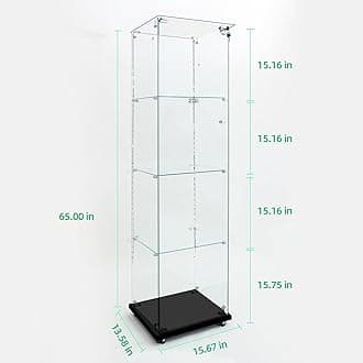 Yoluckea 4 Tiers Glass Display Cabinet with Bluetooth LED Light Strip, 1 Door Floor Standing Curio Cabinet with Universal Wheel for Home Office Display, Black Glass Bookshelf for Collections,Clear Top