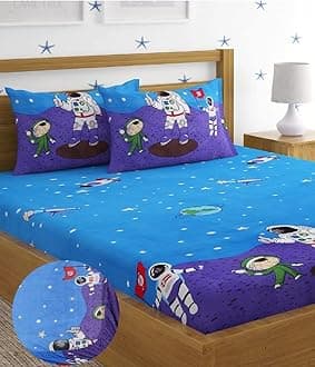 Home Sizzler 144 TC Microfibre Kids Space Elastic Fitted Double Bedsheet (72X78 inch) with 2 King Size Pillow Covers
