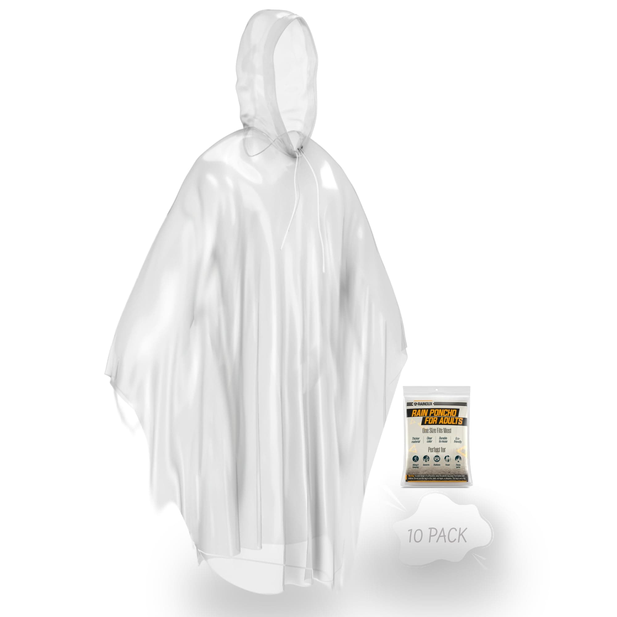 RAINOUX10 Individually Packed Clear Disposable Rain Ponchos for Adults with Drawstring Hood - Compact Travel Friendly Design - Odour Free Thick and Durable Plastic Ponchos
